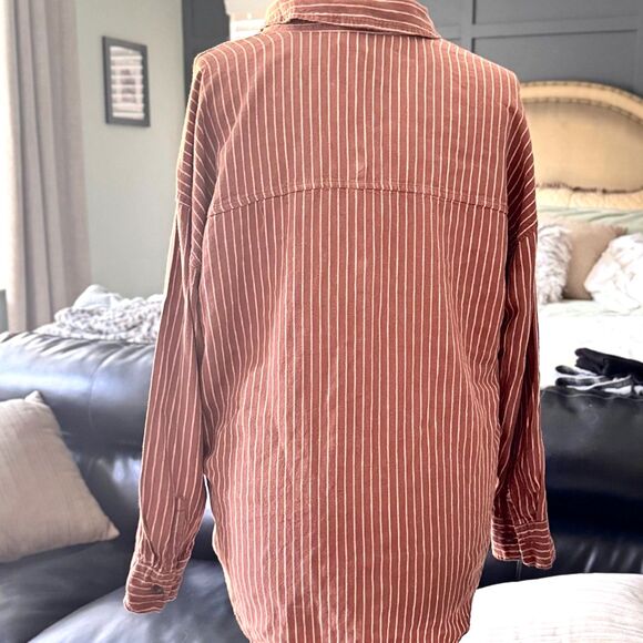 Calia Linen Blend Oversized Button-Up Shirt Brown White Stripe Long Sleeve M - Picture 3 of 10